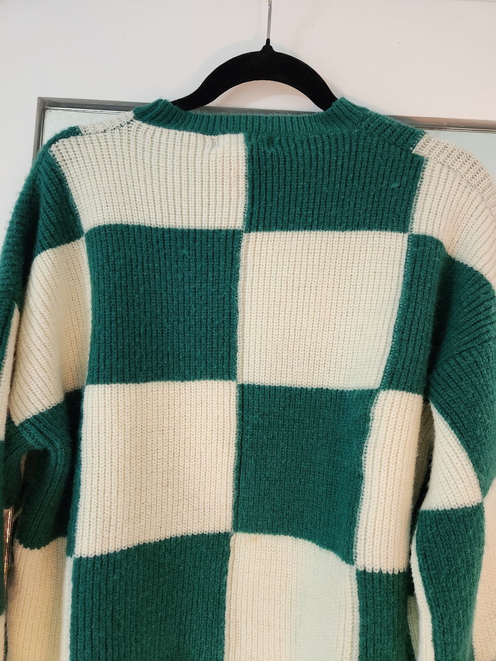 Checkerboard Crewneck Sweater in Green and Cream - Women's Knit Pullover - Picture 2 of 7